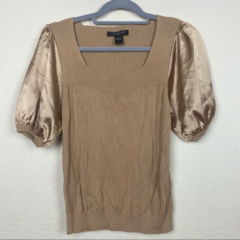 August silk satin balloon sleeve tan ribbed square neckline blouse size Large